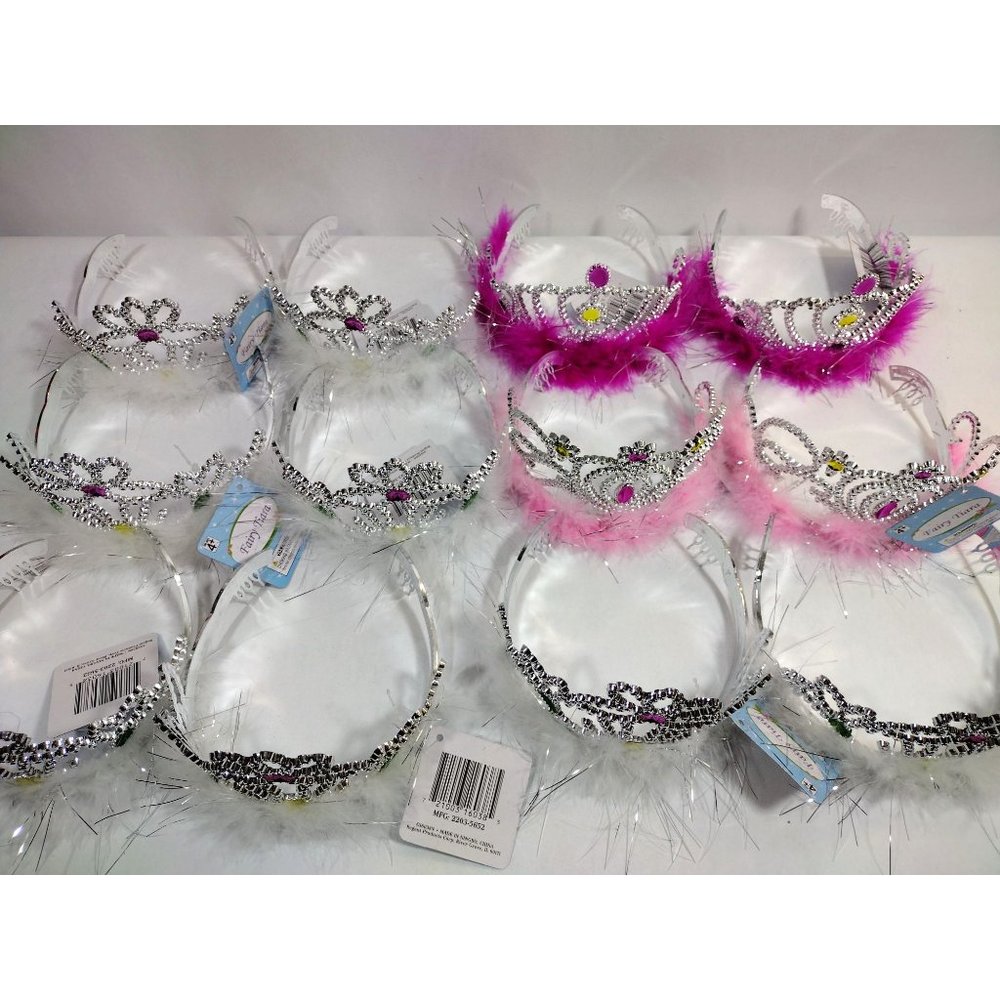 12 Princess Tiaras Girls Birthday Pack Pink White Fuzzy Boas with combs - Picture 6 of 6